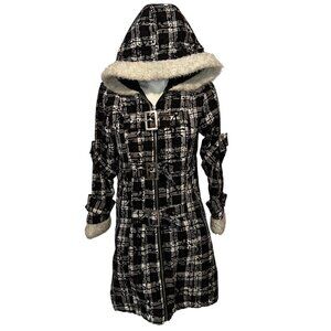 Vtg Y2k Mercy Black Tartan Skull Belted Faux Fur Hood Jacket Goth Punk Sz Small